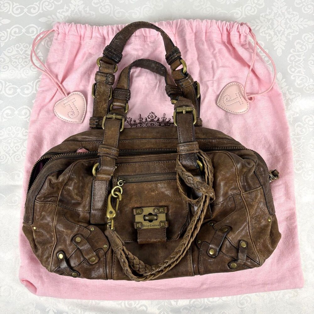 Vintage 2003 Juicy Couture Genuine Leather Bag Brown Stud Satchel w Dustbag Y2K